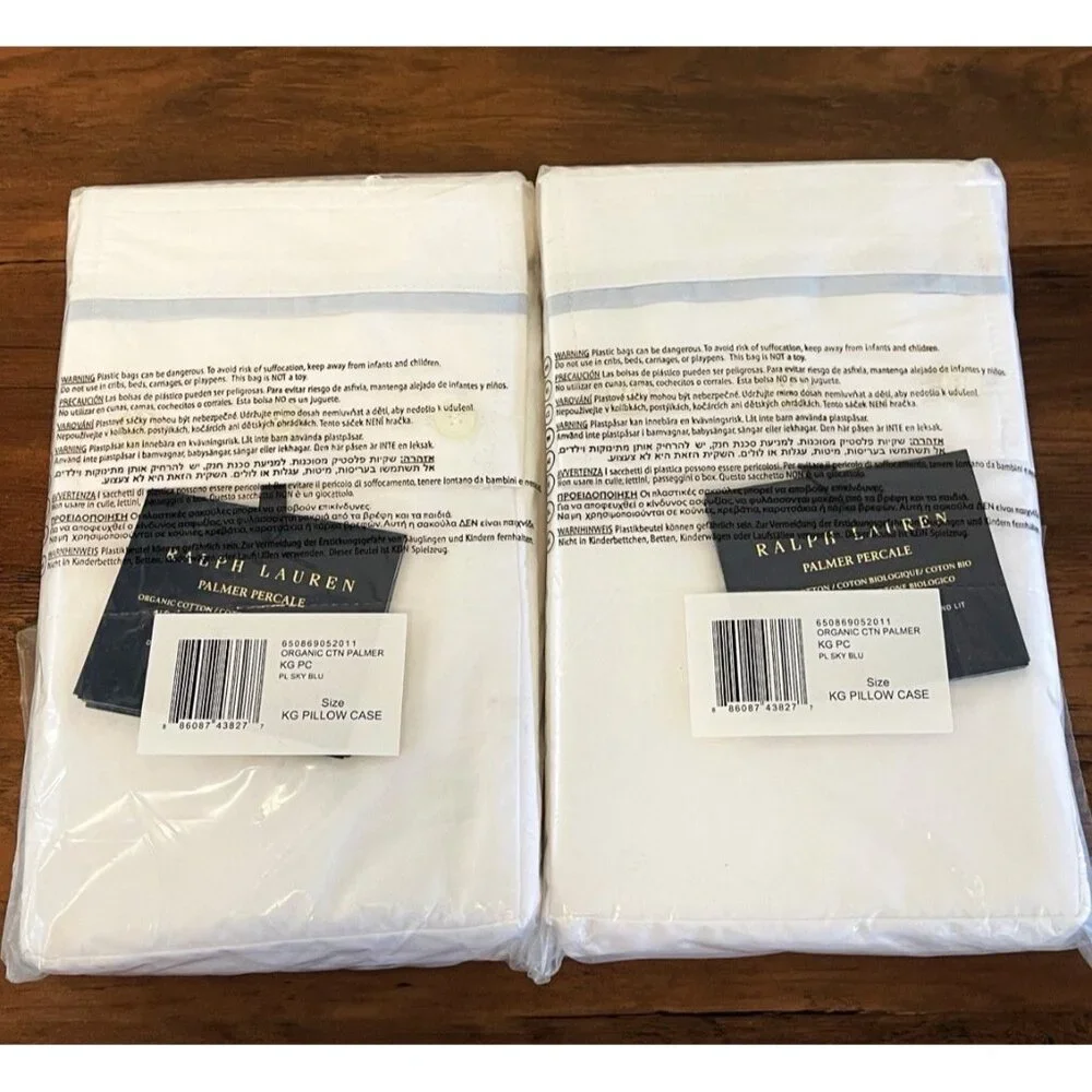 New Ralph Lauren Palmer Percale 2 King Pillowcases Organic Cotton Sky Blu Stripe